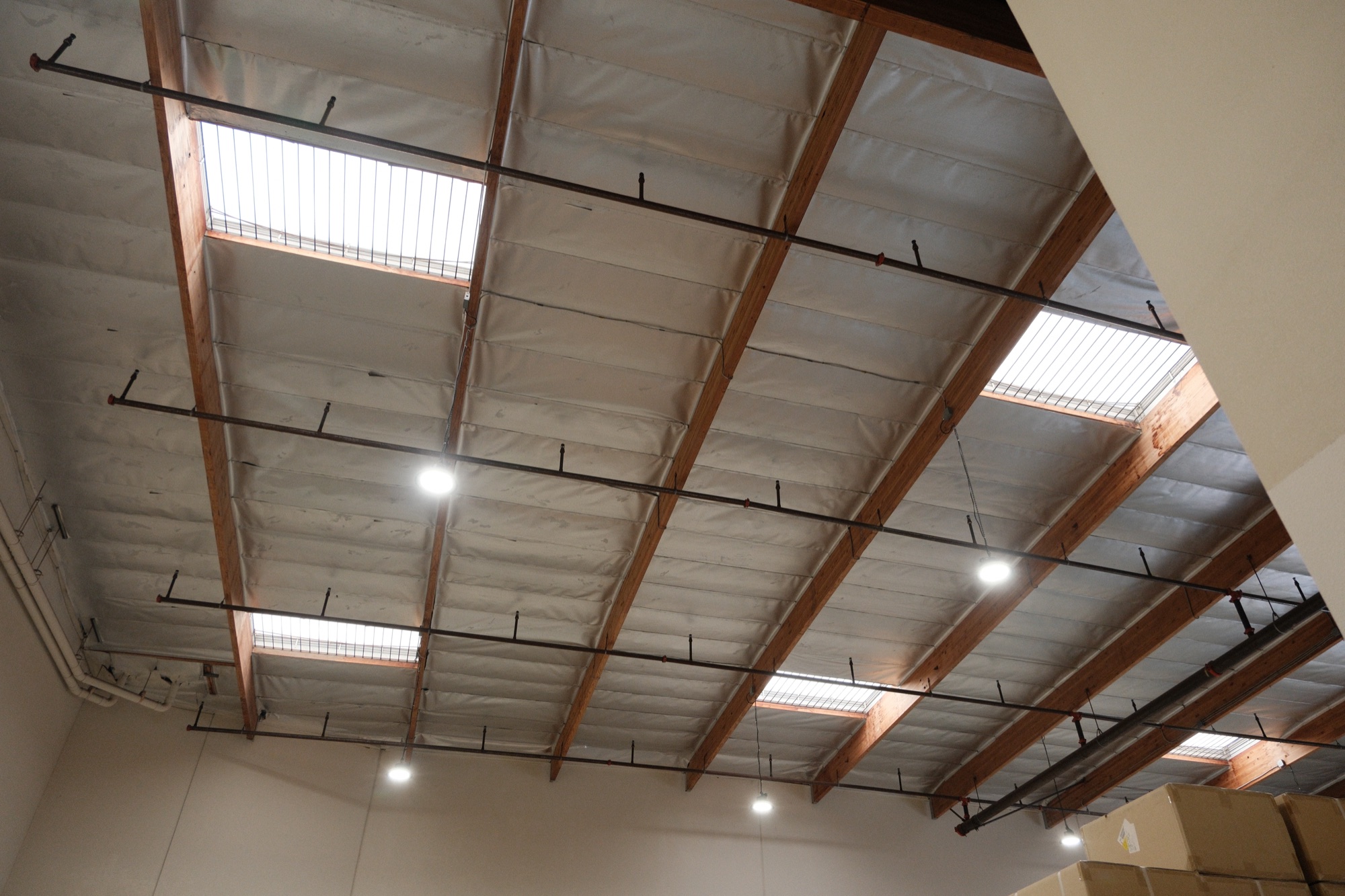 Warehouse ceiling with skylights, LED lighting and sprinkler mains