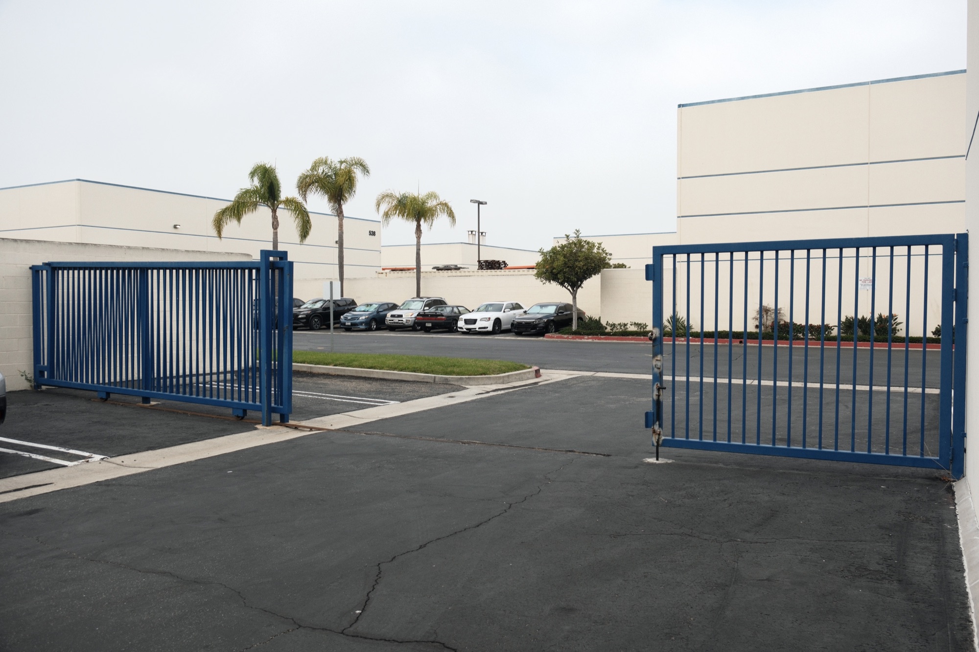 Blue security gates and shared drive at the 558 Amapola Ave side yard