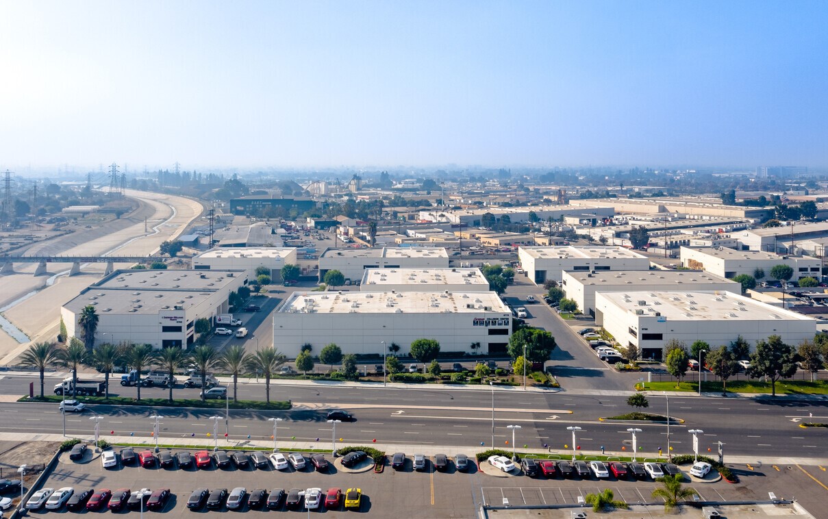 Downey Business Center aerial over the Rio Hondo channel