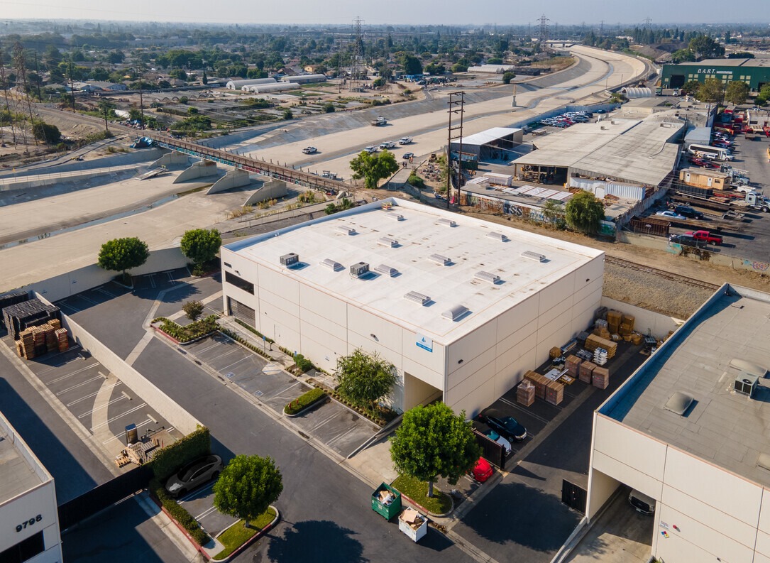 Aerial view of Downey Business Center building and yard